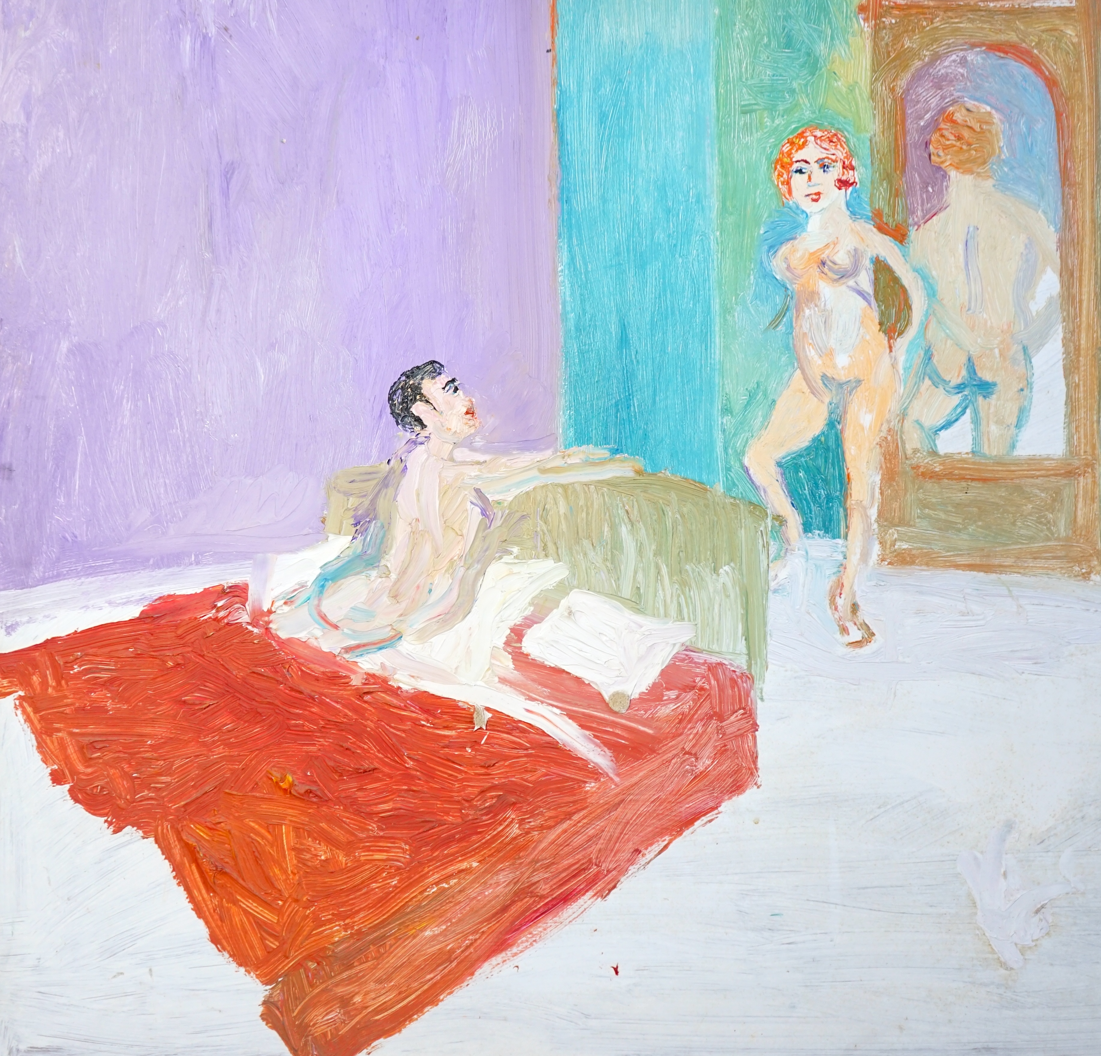 Fred Yates (English, 1922-2008), Naked couple in bedroom, oil on board, 94 x 98cm, unframed